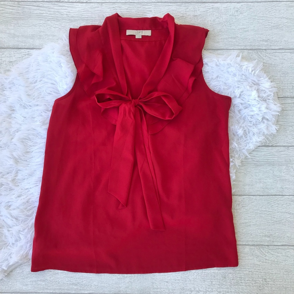 LOFT Red Ruffle and Bow Sleeveless Blouse